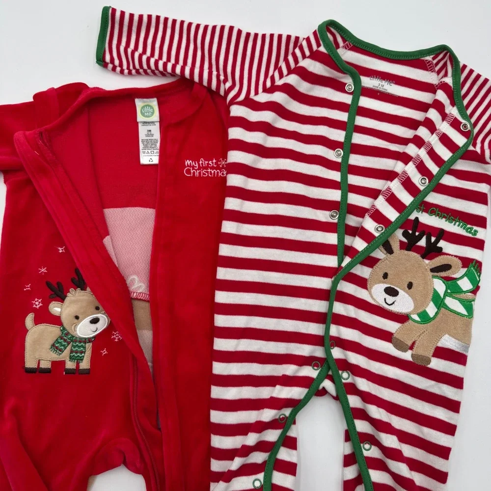 NEW Little Me Lot of 2 Baby 3M Footed Pajamas Reindeer Christmas Sleepers Outfit
